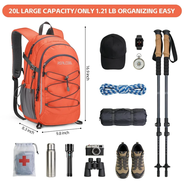 Alt view image 2 of 7 - 20L Lightweight Hiking Backpack, Waterproof Daypack for Camping | 210D tear-resistant nylon, breathable shoulder and back panel, Multi-Compartment,hydration system,reflective strip,bungee net
