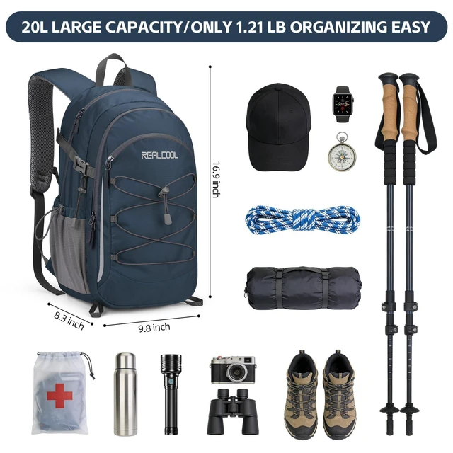 Alt view image 2 of 7 - 20L Lightweight Hiking Backpack, Waterproof Daypack for Camping | 210D tear-resistant nylon, breathable shoulder and back panel, Multi-Compartment,hydration system,reflective strip,bungee net