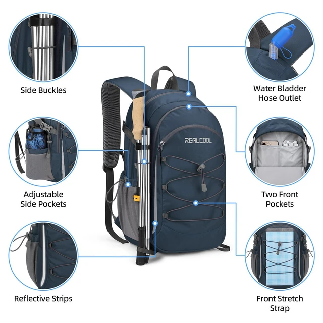 Alt view image 3 of 7 - 20L Lightweight Hiking Backpack, Waterproof Daypack for Camping | 210D tear-resistant nylon, breathable shoulder and back panel, Multi-Compartment,hydration system,reflective strip,bungee net