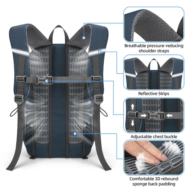 Alt view image 4 of 7 - 20L Lightweight Hiking Backpack, Waterproof Daypack for Camping | 210D tear-resistant nylon, breathable shoulder and back panel, Multi-Compartment,hydration system,reflective strip,bungee net