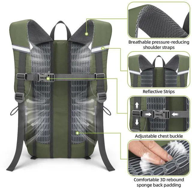 Alt view image 4 of 7 - 20L Lightweight Hiking Backpack, Waterproof Daypack for Camping | 210D tear-resistant nylon, breathable shoulder and back panel, Multi-Compartment,hydration system,reflective strip,bungee net
