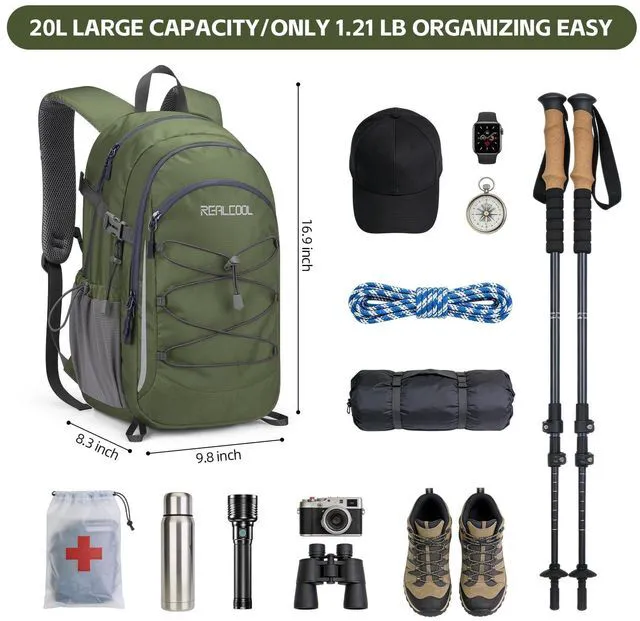 Alt view image 2 of 7 - 20L Lightweight Hiking Backpack, Waterproof Daypack for Camping | 210D tear-resistant nylon, breathable shoulder and back panel, Multi-Compartment,hydration system,reflective strip,bungee net