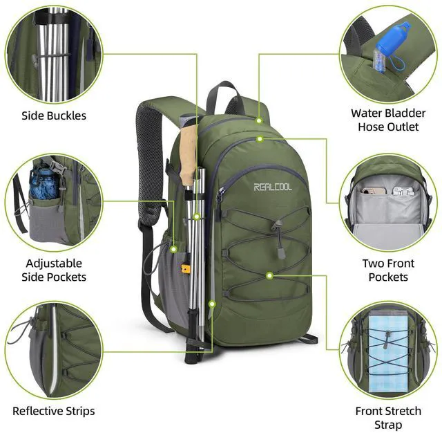 Alt view image 3 of 7 - 20L Lightweight Hiking Backpack, Waterproof Daypack for Camping | 210D tear-resistant nylon, breathable shoulder and back panel, Multi-Compartment,hydration system,reflective strip,bungee net
