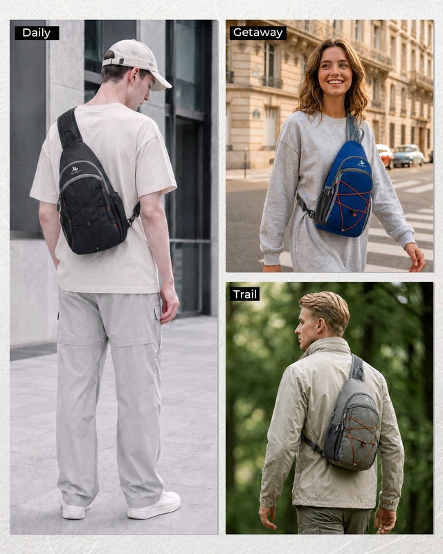 Alt view image 2 of 7 - Packable Crossbody Sling Bag for Men Women RFID Lightweight Travel Daypack 0.68 lb, 7L RFID Anti-theft Sling Backpack, Breathable Airflow Shoulder Strap, Phone Pocket, Water resistant Small Hiking Bag