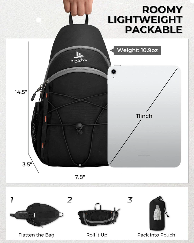 Alt view image 3 of 7 - Packable Crossbody Sling Bag for Men Women RFID Lightweight Travel Daypack 0.68 lb, 7L RFID Anti-theft Sling Backpack, Breathable Airflow Shoulder Strap, Phone Pocket, Water resistant Small Hiking Bag