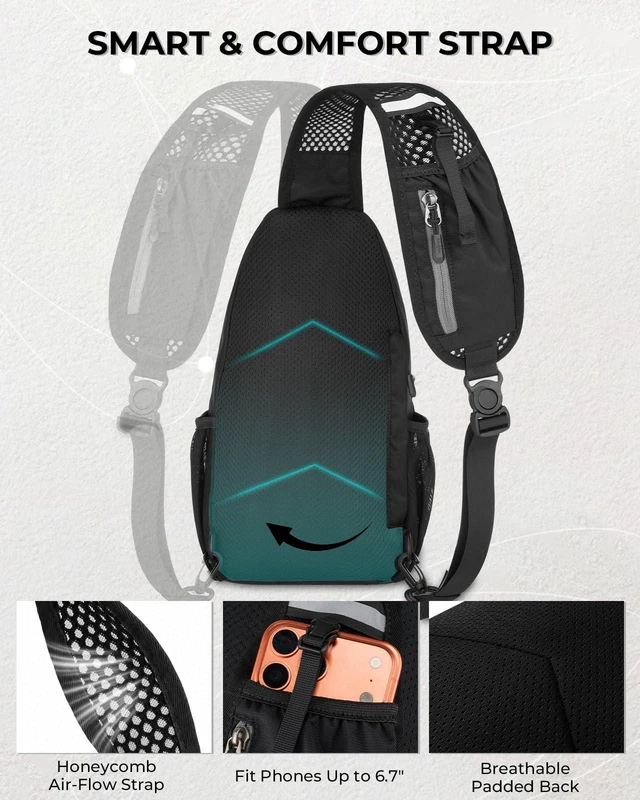 Alt view image 4 of 7 - Packable Crossbody Sling Bag for Men Women RFID Lightweight Travel Daypack 0.68 lb, 7L RFID Anti-theft Sling Backpack, Breathable Airflow Shoulder Strap, Phone Pocket, Water resistant Small Hiking Bag