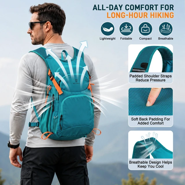Alt view image 3 of 7 - 15L Hiking Backpack Lightweight Travel Backpacks Water-Resistant Daypack Fits Cycling Helmets for Men Women for Daily Outdoor Camping, Forest Green