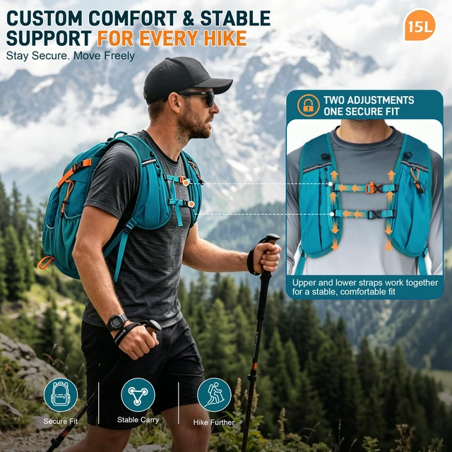 Alt view image 2 of 7 - 15L Hiking Backpack Lightweight Travel Backpacks Water-Resistant Daypack Fits Cycling Helmets for Men Women for Daily Outdoor Camping, Forest Green