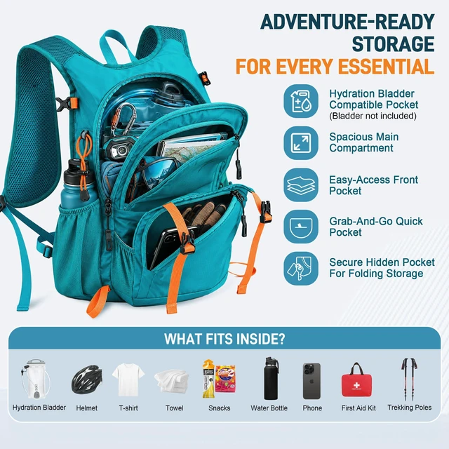 Alt view image 6 of 7 - 15L Hiking Backpack Lightweight Travel Backpacks Water-Resistant Daypack Fits Cycling Helmets for Men Women for Daily Outdoor Camping, Forest Green