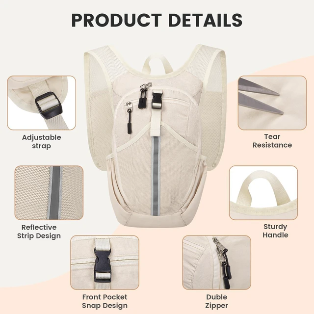 Alt view image 6 of 7 - Small Hiking Backpack 10L- Lightweight Packable Foldable Backpack for Travel Camping Outdoor Commute, Compact Rucksack for Women Men(Beige)
