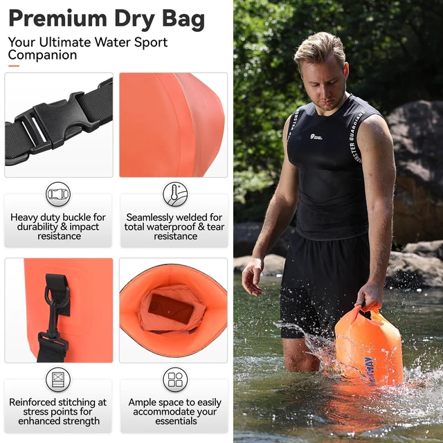 Alt view image 2 of 7 - Floating Waterproof Dry Bag Backpack 5L/10L/20L/30L/40L, Roll Top Sack Keeps Gear Dry for Kayaking, Rafting, Boating, Swimming, Camping, Hiking, Beach, Fishing (Orange, 10L)