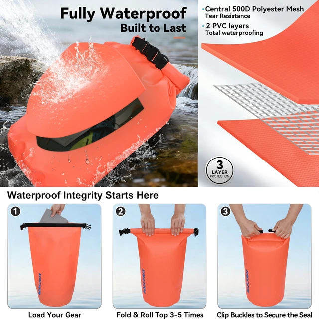 Alt view image 3 of 7 - Floating Waterproof Dry Bag Backpack 5L/10L/20L/30L/40L, Roll Top Sack Keeps Gear Dry for Kayaking, Rafting, Boating, Swimming, Camping, Hiking, Beach, Fishing (Orange, 10L)