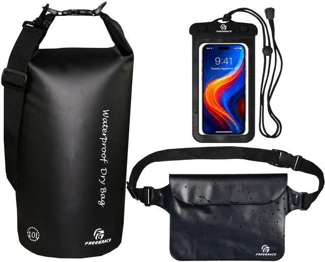 Main image of Waterproof Dry Bag with Double Zip-Lock, Fanny Pack & Phone Case | 5L Black | Submersible 500D tarpaulin dry sack | Crossbody strap | Floats | Kayaking, boating, rafting, fishing & beach