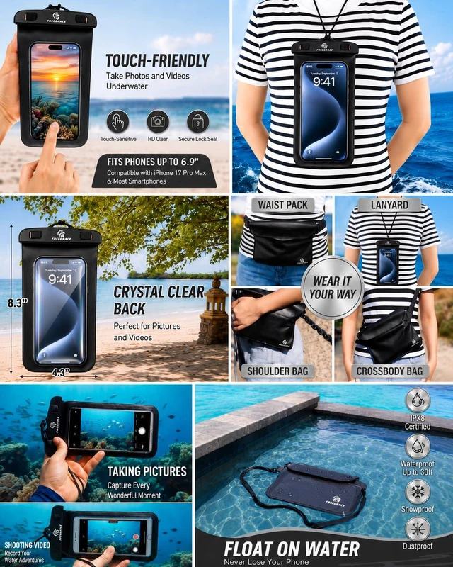Alt view image 4 of 7 - Waterproof Dry Bag with Double Zip-Lock, Fanny Pack & Phone Case | 5L Black | Submersible 500D tarpaulin dry sack | Crossbody strap | Floats | Kayaking, boating, rafting, fishing & beach