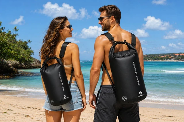 Alt view image 7 of 7 - Waterproof Dry Bag with Double Zip-Lock, Fanny Pack & Phone Case | 5L Black | Submersible 500D tarpaulin dry sack | Crossbody strap | Floats | Kayaking, boating, rafting, fishing & beach