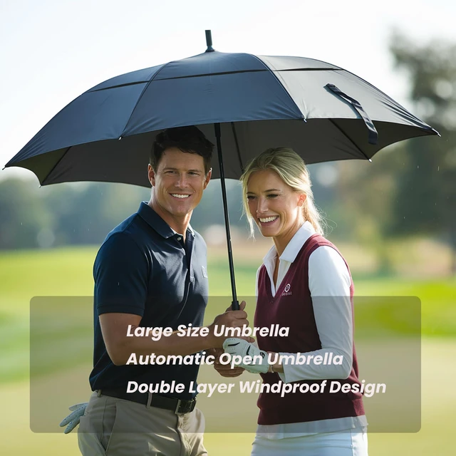 Alt view image 2 of 7 - Extra Large Black Golf Umbrella, 54/62/68/72 Inch Automatic Open, Oversize Double Canopy Vented Windproof Waterproof Sports Stick Umbrellas for Rain(62 Inch Black)