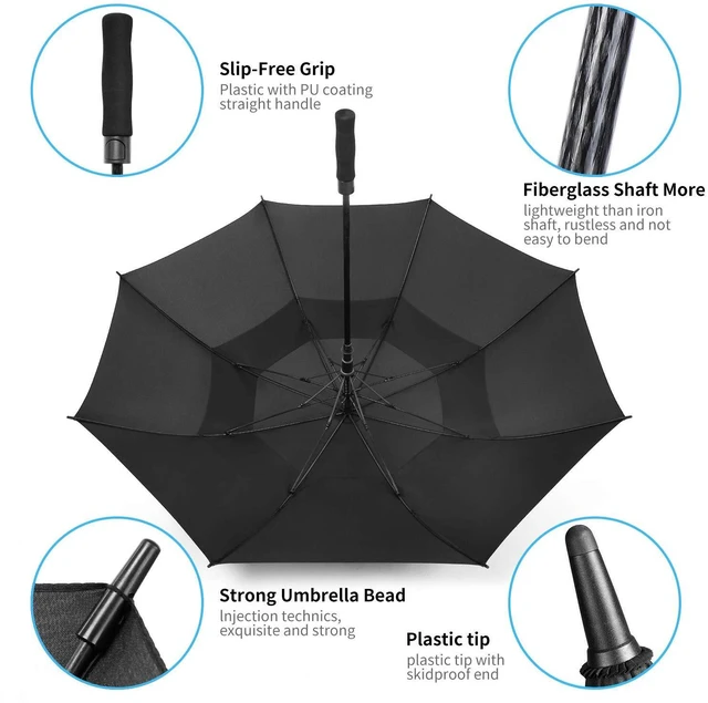 Alt view image 6 of 7 - Extra Large Black Golf Umbrella, 54/62/68/72 Inch Automatic Open, Oversize Double Canopy Vented Windproof Waterproof Sports Stick Umbrellas for Rain(62 Inch Black)
