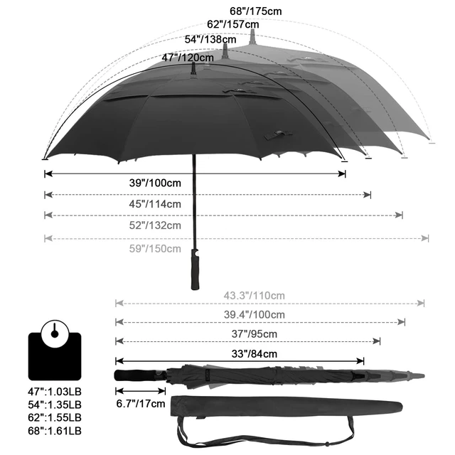 Alt view image 3 of 7 - 47/54/62/68/72 Inch Golf Umbrella Windproof Auto Open Large Umbrella | Oversized Stick Umbrella, Extra Large, Vented Double Canopy, Waterproof 210T Pongee Fabric, Fiberglass Frame, EVA Foam Handle