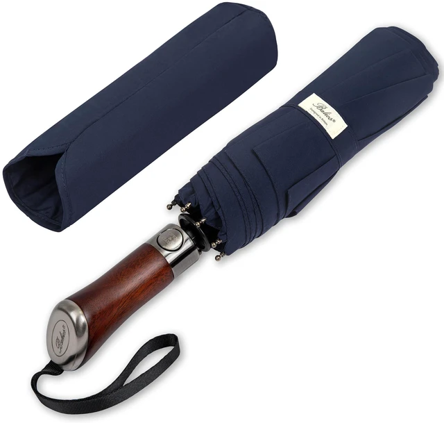 Main image of Folding Umbrella Lux Hardwood Handle Auto Open Close Dark Navy | Patented handmade handle in richly grained solid hardwood, with stainless steel tip and wrist strap. Designed in London.