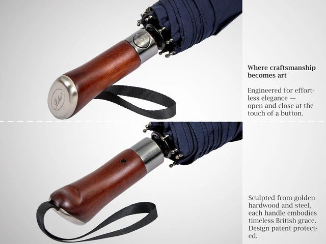 Alt view image 3 of 7 - Folding Umbrella Lux Hardwood Handle Auto Open Close Dark Navy | Patented handmade handle in richly grained solid hardwood, with stainless steel tip and wrist strap. Designed in London.