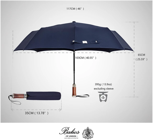 Alt view image 4 of 7 - Folding Umbrella Lux Hardwood Handle Auto Open Close Dark Navy | Patented handmade handle in richly grained solid hardwood, with stainless steel tip and wrist strap. Designed in London.