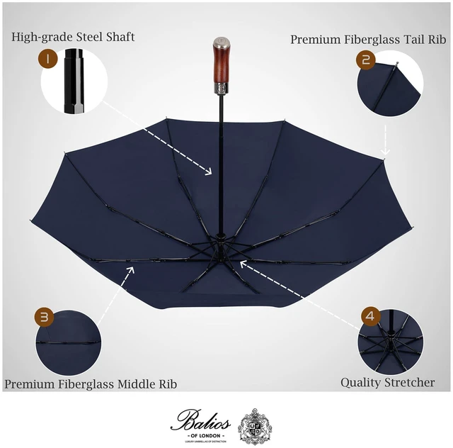Alt view image 5 of 7 - Folding Umbrella Lux Hardwood Handle Auto Open Close Dark Navy | Patented handmade handle in richly grained solid hardwood, with stainless steel tip and wrist strap. Designed in London.