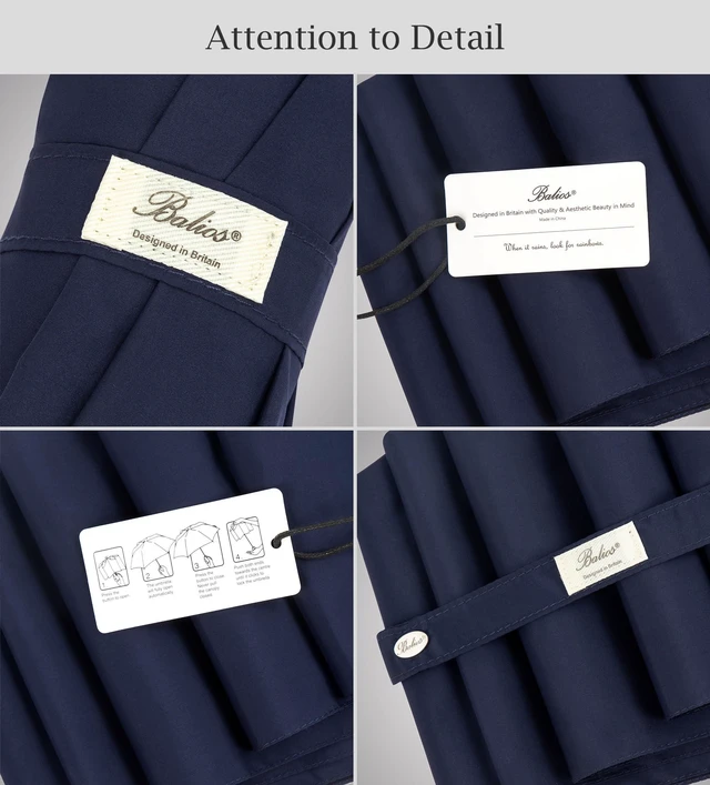 Alt view image 6 of 7 - Folding Umbrella Lux Hardwood Handle Auto Open Close Dark Navy | Patented handmade handle in richly grained solid hardwood, with stainless steel tip and wrist strap. Designed in London.