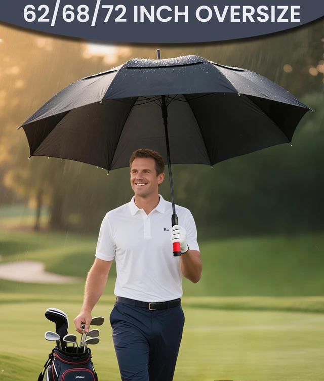 Alt view image 2 of 7 - /62/68/72 Inch Automatic Open Golf Umbrella Oversize Extra Large Double Canopy Vented Windproof Waterproof Stick Umbrella.(Black, 62",Red Handle)