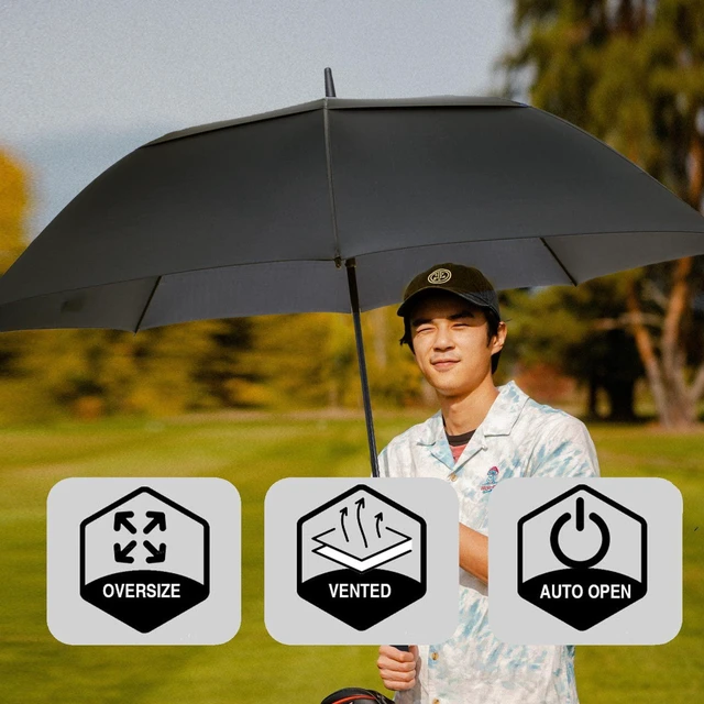 Alt view image 7 of 7 - /62/68/72 Inch Automatic Open Golf Umbrella Oversize Extra Large Double Canopy Vented Windproof Waterproof Stick Umbrella.(Black, 62",Red Handle)