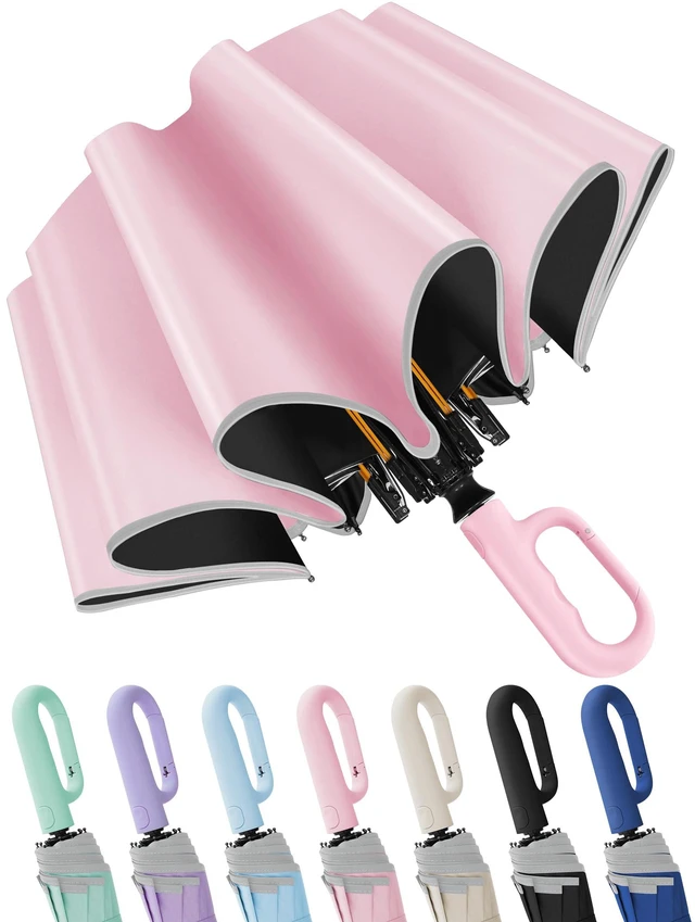 Main image of Travel Umbrella with UV Sun Protection, Large Rain Umbrellas, Pink | One-Touch Automatic Umbrella with Carabiner Handle & Reflective Strip, Portable Compact Umbrella for Car Backpack