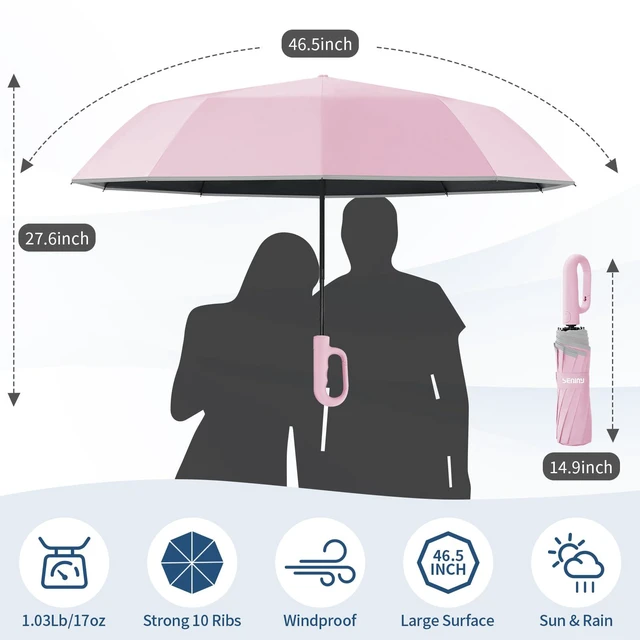 Alt view image 2 of 7 - Travel Umbrella with UV Sun Protection, Large Rain Umbrellas, Pink | One-Touch Automatic Umbrella with Carabiner Handle & Reflective Strip, Portable Compact Umbrella for Car Backpack