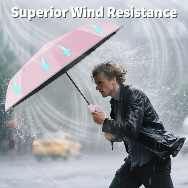 Alt view image 5 of 7 - Travel Umbrella with UV Sun Protection, Large Rain Umbrellas, Pink | One-Touch Automatic Umbrella with Carabiner Handle & Reflective Strip, Portable Compact Umbrella for Car Backpack