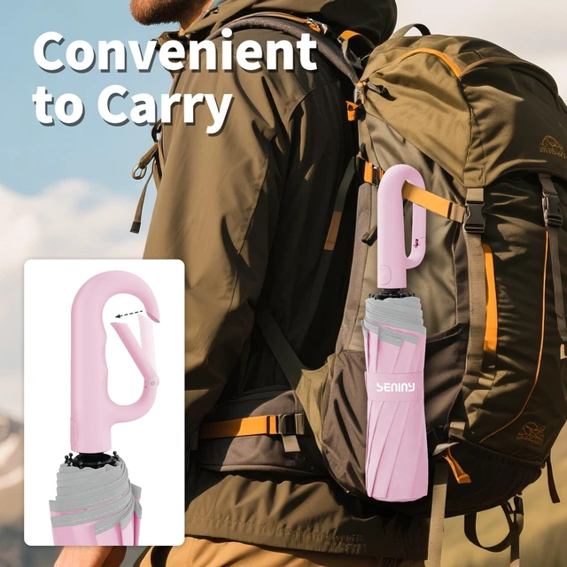 Alt view image 3 of 7 - Travel Umbrella with UV Sun Protection, Large Rain Umbrellas, Pink | One-Touch Automatic Umbrella with Carabiner Handle & Reflective Strip, Portable Compact Umbrella for Car Backpack