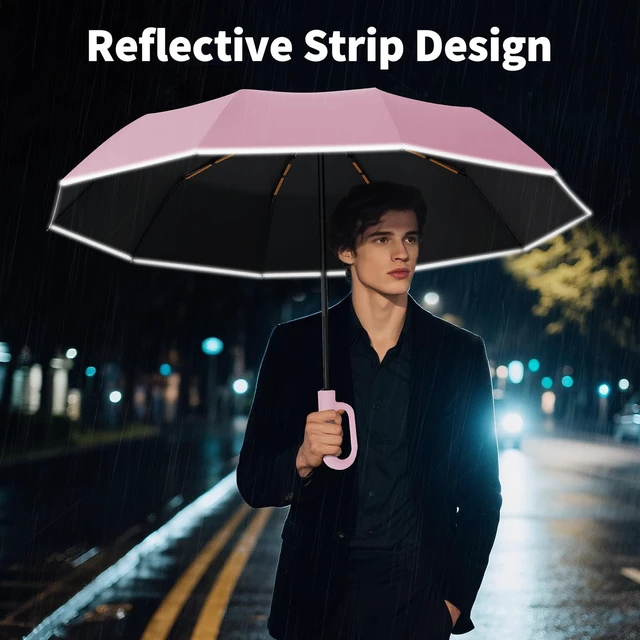 Alt view image 7 of 7 - Travel Umbrella with UV Sun Protection, Large Rain Umbrellas, Pink | One-Touch Automatic Umbrella with Carabiner Handle & Reflective Strip, Portable Compact Umbrella for Car Backpack