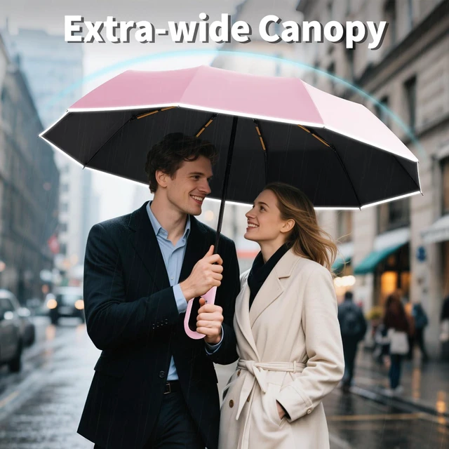 Alt view image 6 of 7 - Travel Umbrella with UV Sun Protection, Large Rain Umbrellas, Pink | One-Touch Automatic Umbrella with Carabiner Handle & Reflective Strip, Portable Compact Umbrella for Car Backpack
