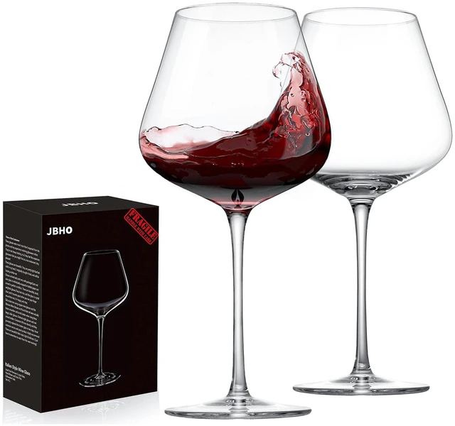 Main image of Hand Blown Italian Style Crystal Burgundy Wine Glasses - Lead-Free Premium Crystal Clear Glass - Set of 2-21 Ounce - Gift-Box for any Occasion