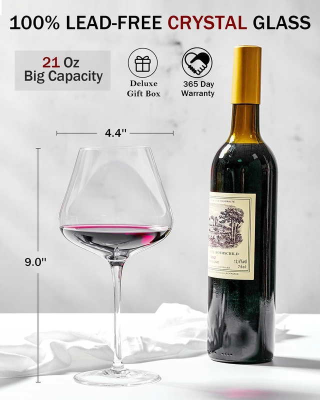 Alt view image 5 of 7 - Hand Blown Italian Style Crystal Burgundy Wine Glasses - Lead-Free Premium Crystal Clear Glass - Set of 2-21 Ounce - Gift-Box for any Occasion