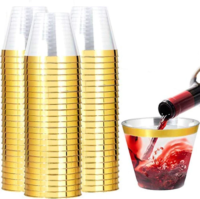 Main image of 200 Pack Gold Plastic Cups, 9 OZ Elegant Gold Rimmed Plastic Cups | Clear Plastic Cups, Wine Glasses, Fancy Cocktail Glasses, BPA-Free, Bulk Catering, Everyday Use, Party, Wedding, Reception