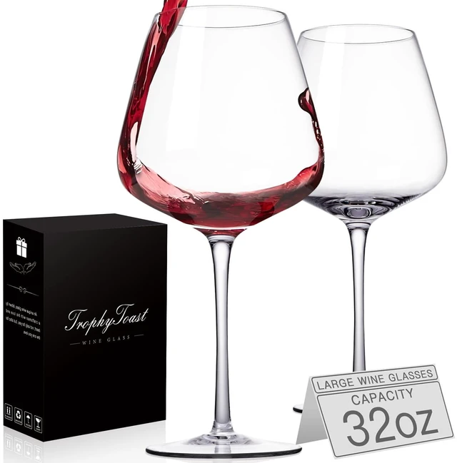 Main image of Extra Large 32oz Wine Glasses Set of 2 - Hand Blown Red Wine Glasses With Long Stem - Crystal Giant Burgundy Red Wine Glasses Clearer, Thin, Gift Packaging for Mothers Day, Wedding