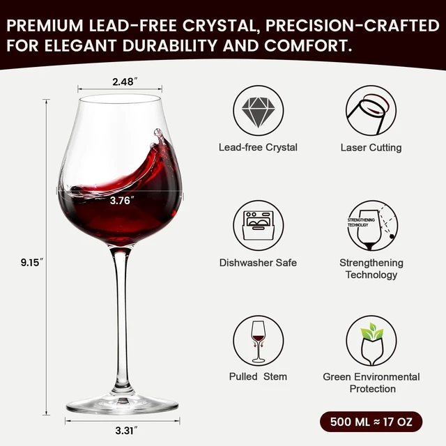 Alt view image 2 of 6 - 17 oz Red Wine Glasses Set of 6 Hand Blown Lead-Free Crystal Glassware with Long Stem, Elegant Clear Wine Glasses for Parties, Weddings & Celebrations