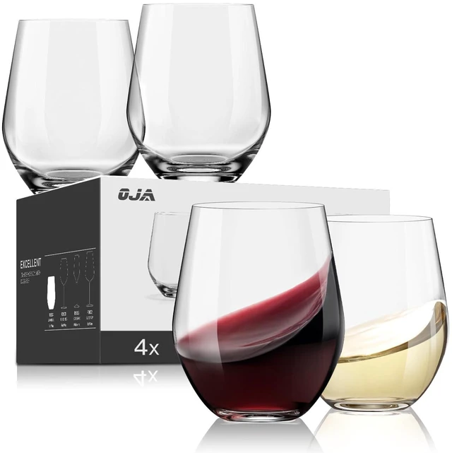 Main image of Wine Glasses Set, Crystal Stemless Red Wine Glass, Set of 4, 15 oz | No Stem, Clear, Sturdy Drinking Glass for White Wine, Daily Use, Birthday, Wedding, Home Party, Anniversary, Shower Gift