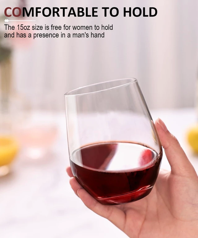 Alt view image 2 of 7 - Wine Glasses Set, Crystal Stemless Red Wine Glass, Set of 4, 15 oz | No Stem, Clear, Sturdy Drinking Glass for White Wine, Daily Use, Birthday, Wedding, Home Party, Anniversary, Shower Gift