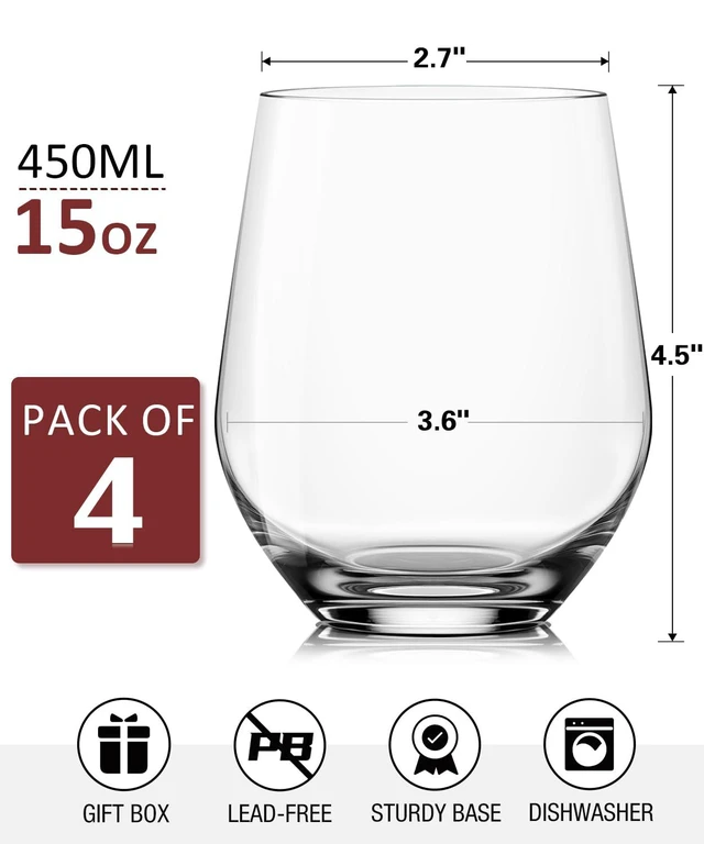 Alt view image 6 of 7 - Wine Glasses Set, Crystal Stemless Red Wine Glass, Set of 4, 15 oz | No Stem, Clear, Sturdy Drinking Glass for White Wine, Daily Use, Birthday, Wedding, Home Party, Anniversary, Shower Gift