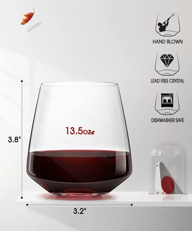 Alt view image 5 of 7 - Wine Glasses Set, Crystal Stemless Red Wine Glass, Set of 4, 13.5 oz | Dishwasher Safe, Red White Wine glass, Hand Blown, Unique Gifts for Him Her for Birthday, Wedding, Christmas, Anniversary