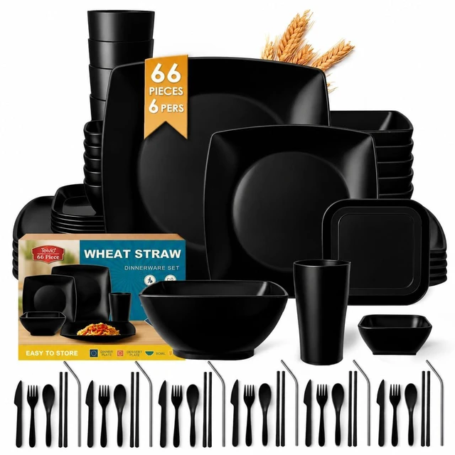 Main image of 66-piece Black Plates and Bowls Sets, Flatware Dinnerware sets for 6 | Plastic Wheat Straw Dish Set,13.5oz Cup, Sauce Cups, Dishwasher, Outdoor Kitchen RV Camping Essentials, Unbreakable Plate set