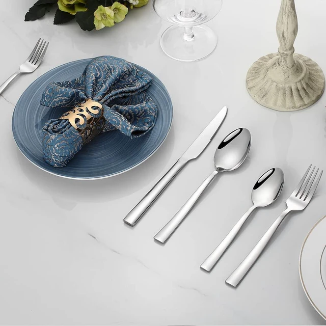 Alt view image 5 of 7 - Silverware Set for 2, 10-Piece Stainless Steel Flatware Cutlery Set, Square Edge Kitchen Utensil Include Knives/Forks/Spoons, Tableware for Home/Hotel, Mirror Polished Dishwasher Safe