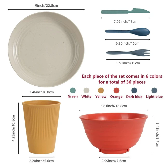Alt view image 2 of 6 - Wheat Straw Dinnerware Sets 36 Piece Unbreakable Dinnerware Sets, Reusable Wheat Straw Plates and Bowls Sets, Travel Camping Cutlery Set, Dishwasher Microwave Safe Dinnerware Colourful