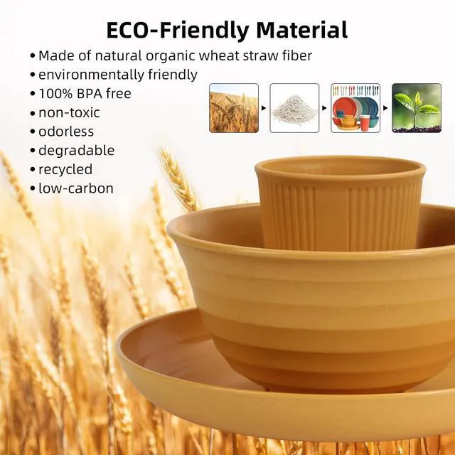 Alt view image 5 of 6 - Wheat Straw Dinnerware Sets 36 Piece Unbreakable Dinnerware Sets, Reusable Wheat Straw Plates and Bowls Sets, Travel Camping Cutlery Set, Dishwasher Microwave Safe Dinnerware Colourful