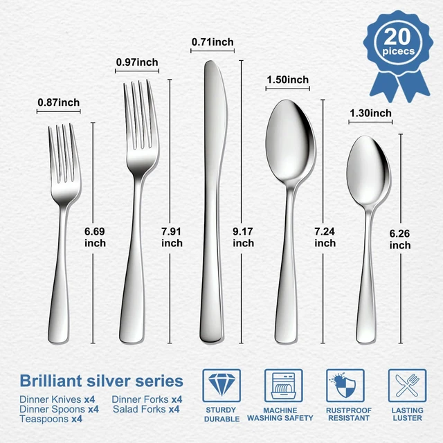 Alt view image 2 of 7 - 20 Piece Silverware Set - Stainless Steel Silverware Sets for 4 Include Spoon, Forks, Knives, Mirror Polished Flatware Set for Home, Kitchen, Restaurant, Dishwasher Safe