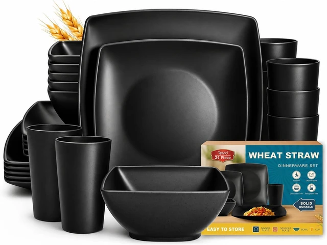 Main image of 24-piece Plates and Bowls Sets for 6, Black Square Dinnerware Sets | Plastic Wheat Straw Dish Set,Unbreakable Dinner Plate set,13.5oz Cups,Dishwasher Safe Outdoor Kitchen RV Camping Dishware